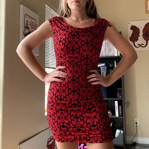 Red & Black abstract print bodycon dress